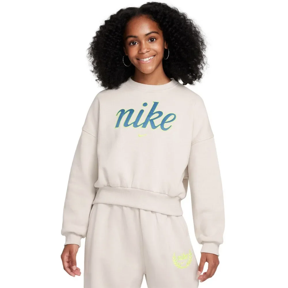 Nike Sportswear Club Fleece Sweatshirt - Light Bone/Volt, Size L Girl